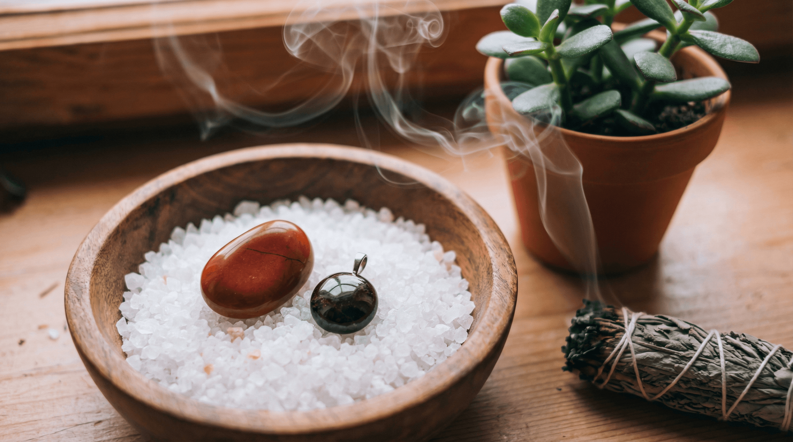 Red Jasper and Garnet crystals being cleansed in a Himalayan salt bowl with sage smudging to refresh their grounding energy.