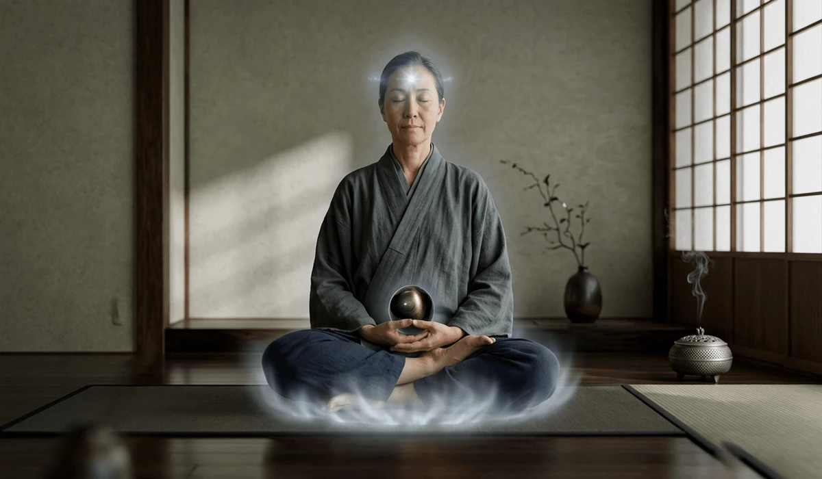 A practitioner meditating with a Silver Sheen Obsidian sphere for mental clarity and grounding.