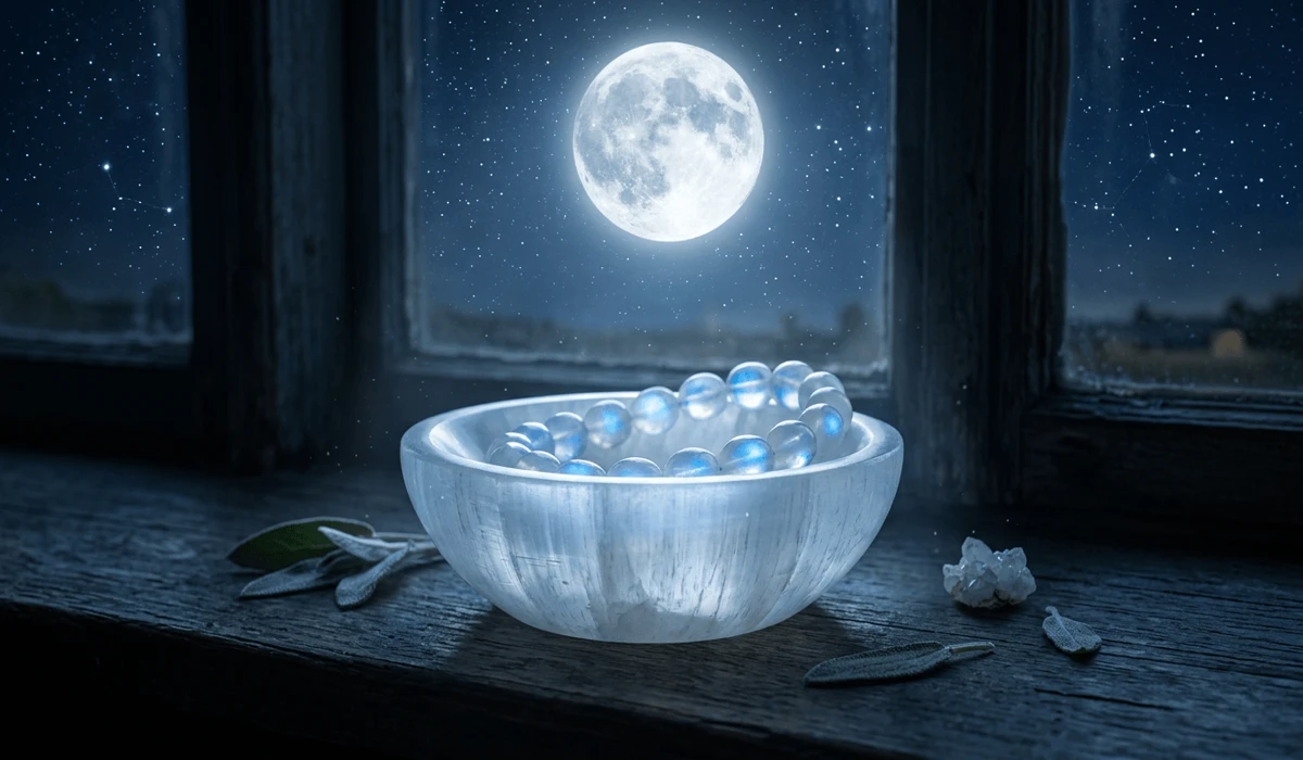 Moonstone bracelet resting on a selenite dish on a windowsill being charged by full moonlight.