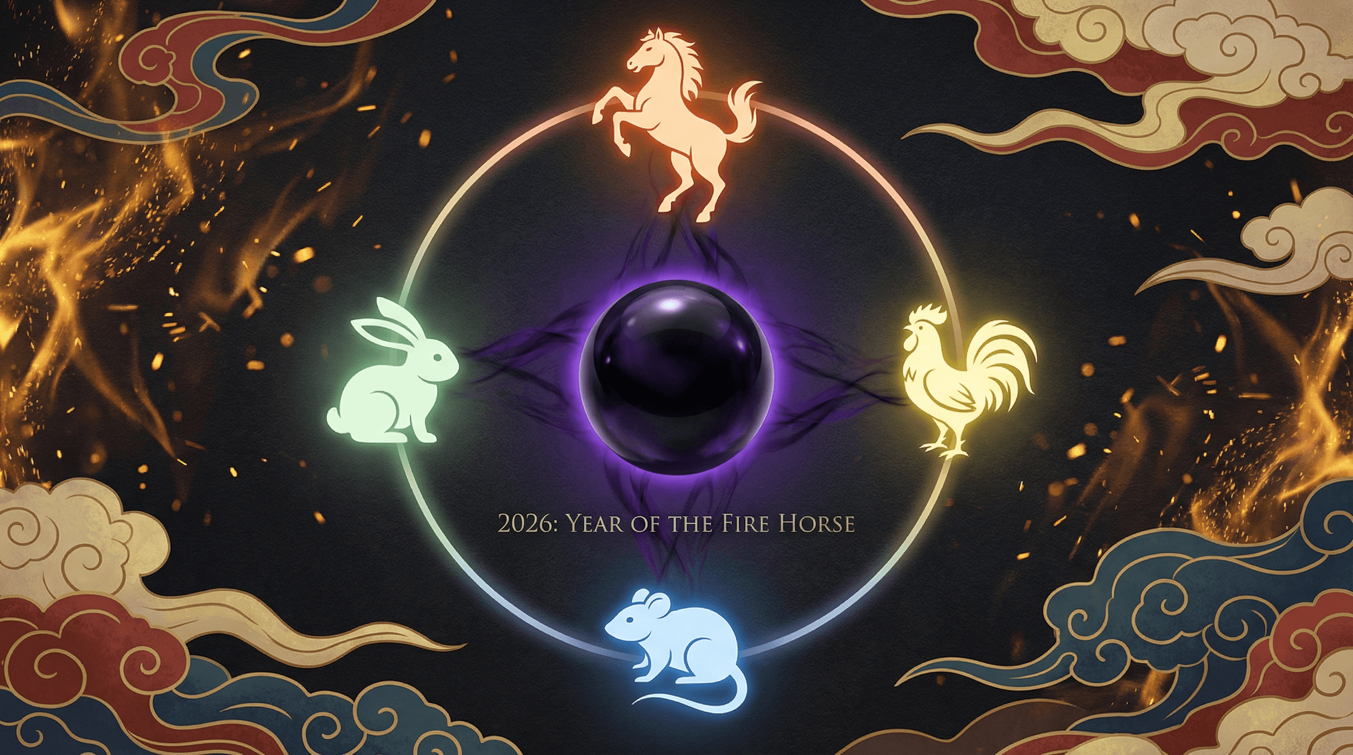 Conceptual art of the four zodiac signs in conflict for 2026 with a large grounding Obsidian stone