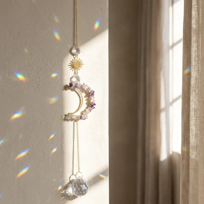 Colorful Fluorite Crystal Moon Sun Catcher – Wisdom, Clarity & Positive Energy