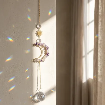 Colorful Fluorite Crystal Moon Sun Catcher – Wisdom, Clarity & Positive Energy