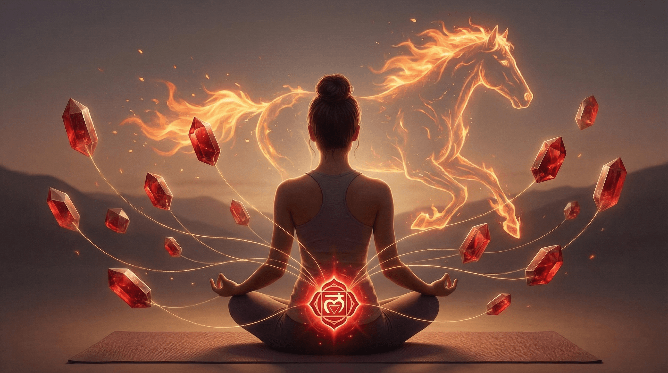 Illustration of garnet crystals aligning the Root Chakra to provide emotional stability during the high-energy 2026 Fire Horse year.