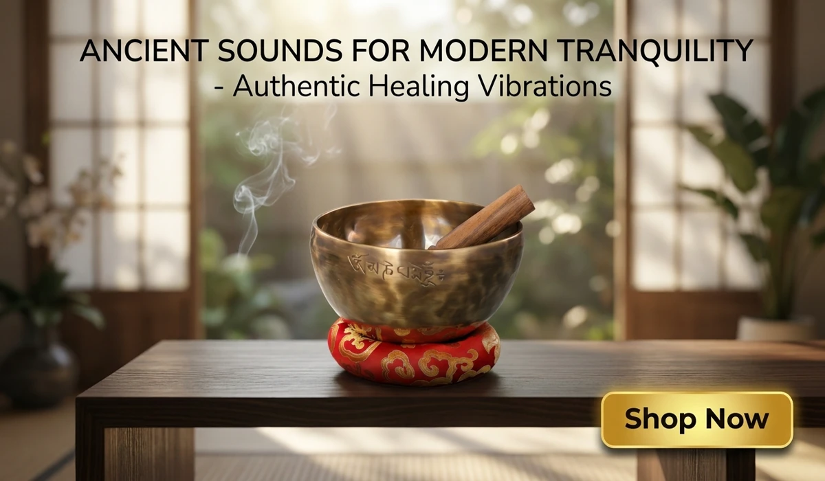 Handmade Nepalese Full Moon Singing Bowl for Sound Healing on a Zen meditation table with a Shop Now button for wellness blog