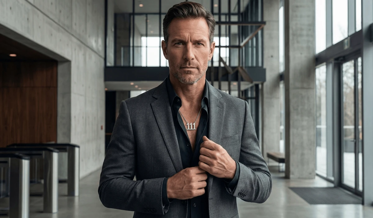 Modern man wearing a 111 angel number necklace symbolizing leadership and manifestation.