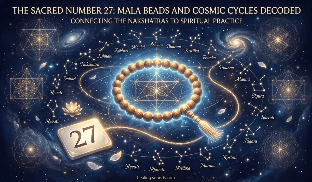 Spiritual symbolism of the number 27 in sacred geometry and its connection to the 108-bead mala divisor.
