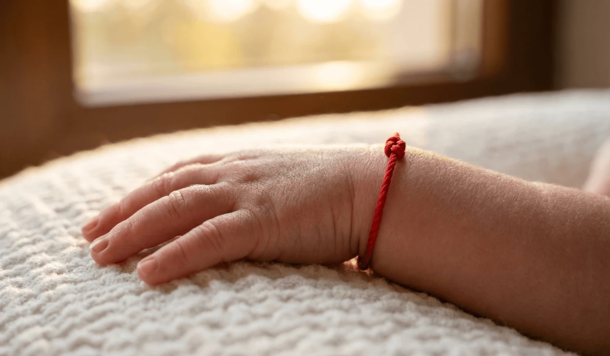 A newborn baby wearing a traditional red string bracelet on their wrist for spiritual protection and safety.
