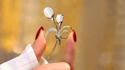 18K Gold Copper Zircon & Opal Tulip Brooch – Timeless Elegance & Sophisticated Charm