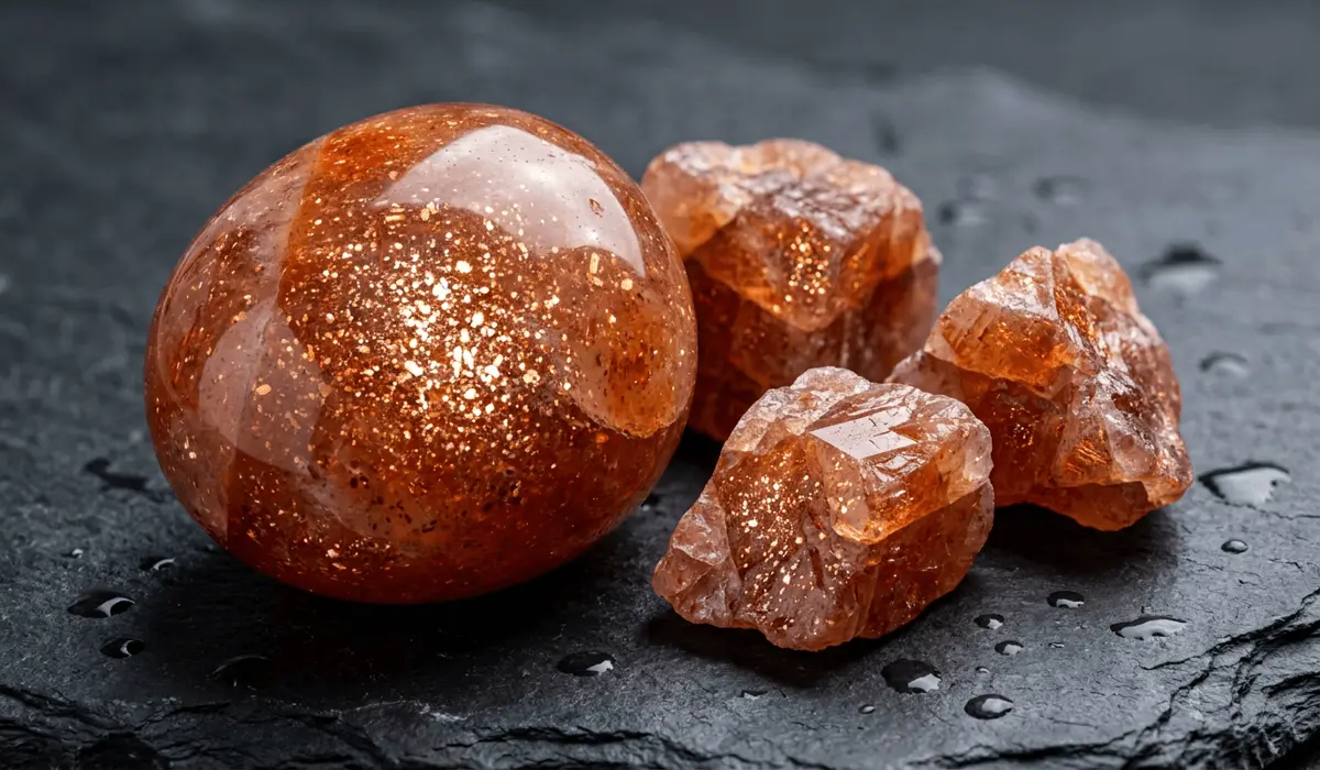 Macro close-up of polished Sunstone gemstones showcasing golden shimmer and metallic inclusions.