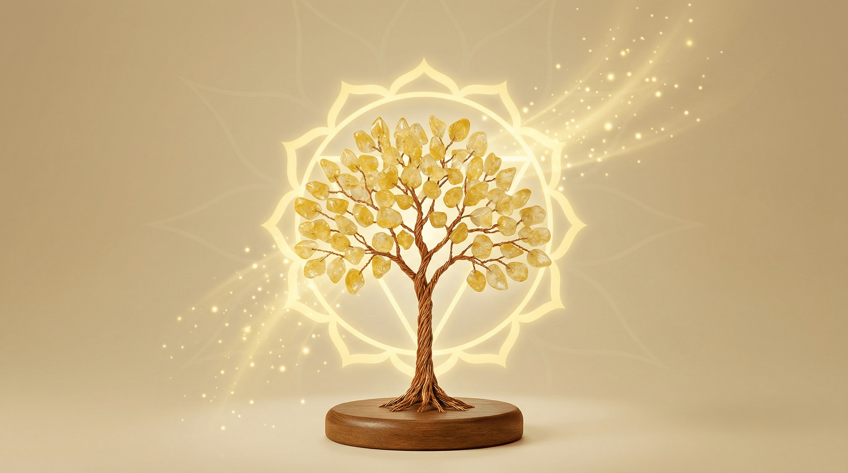 Spiritual illustration of a citrine tree glowing with golden light, representing the Solar Plexus chakra and professional manifestation.