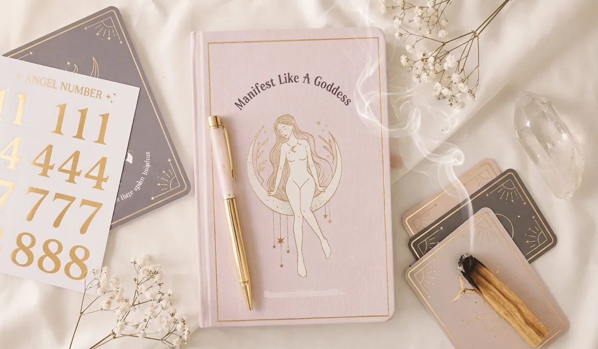 A sacred manifestation journaling kit featuring a linen journal, gold angel number stickers, Palo Santo smoke, and a clear quartz crystal for spiritual preparation.