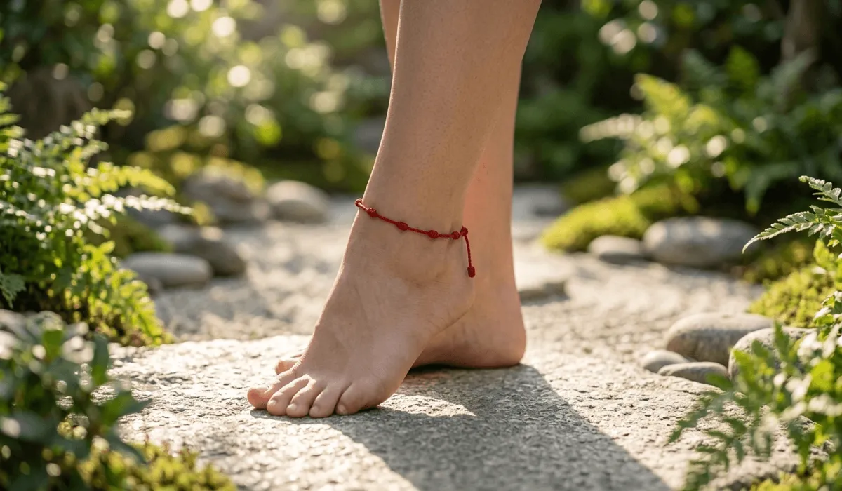 A person wearing a 7-knot red string anklet on their left ankle while standing on stone, representing spiritual grounding and receiving positive energy.