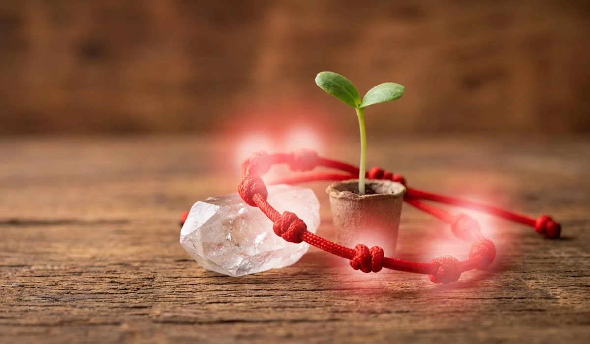 A 7-knot Tibetan protection bracelet for children next to a quartz crystal, symbolizing energy shielding and spiritual grounding.