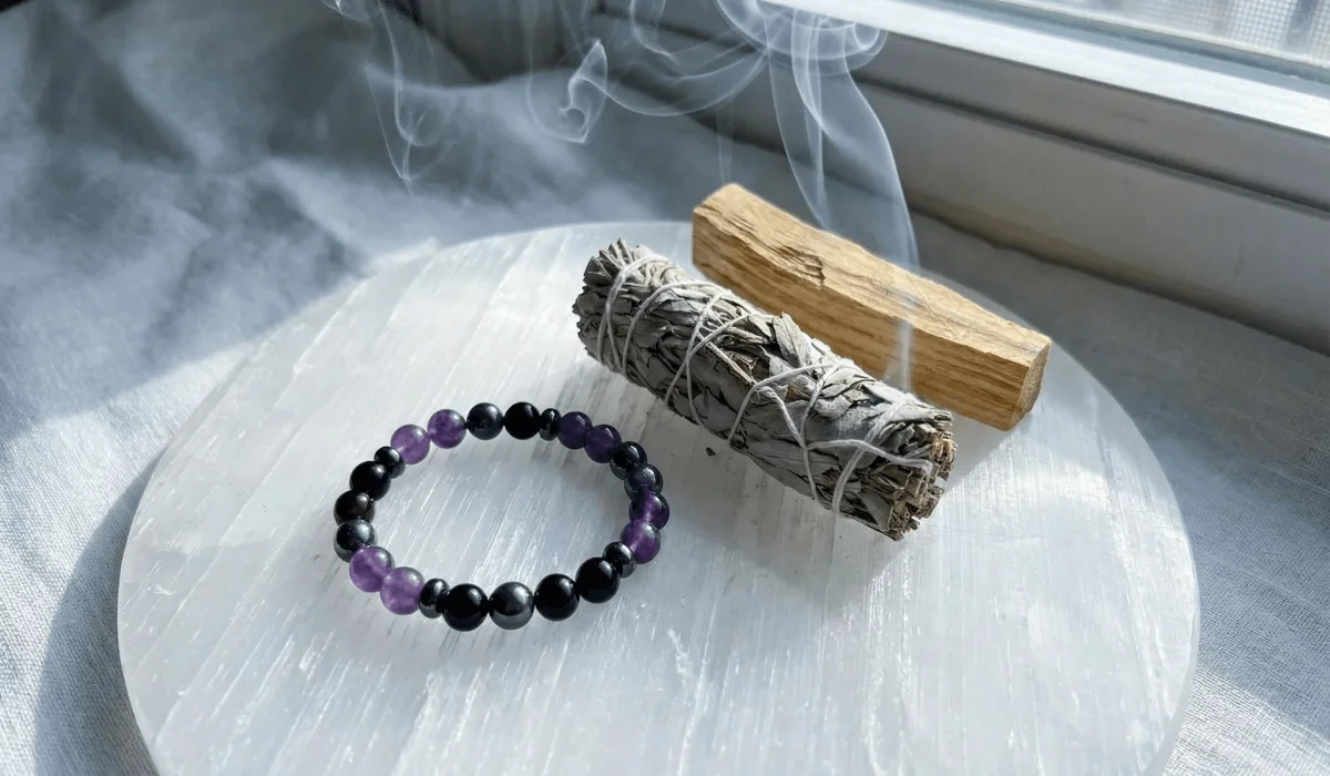Spiritual cleansing ritual for a triple protection bracelet using palo santo smoke and a selenite plate.