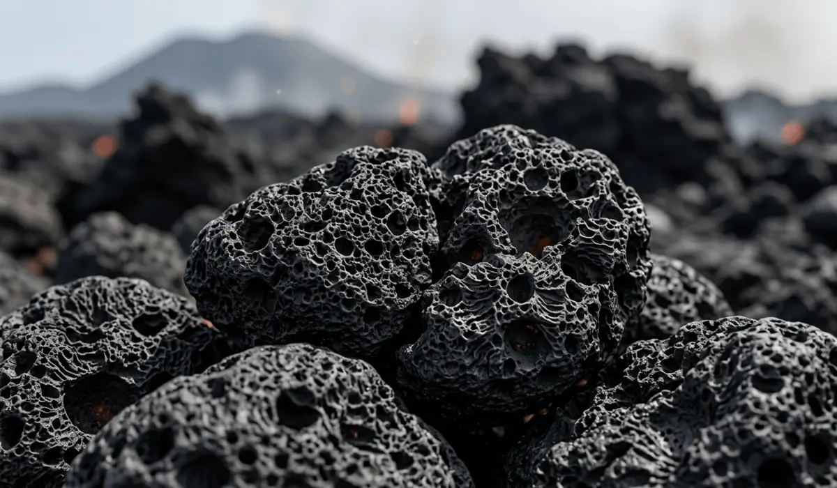 Macro view of porous black lava stone texture showing its natural volcanic basalt structure.