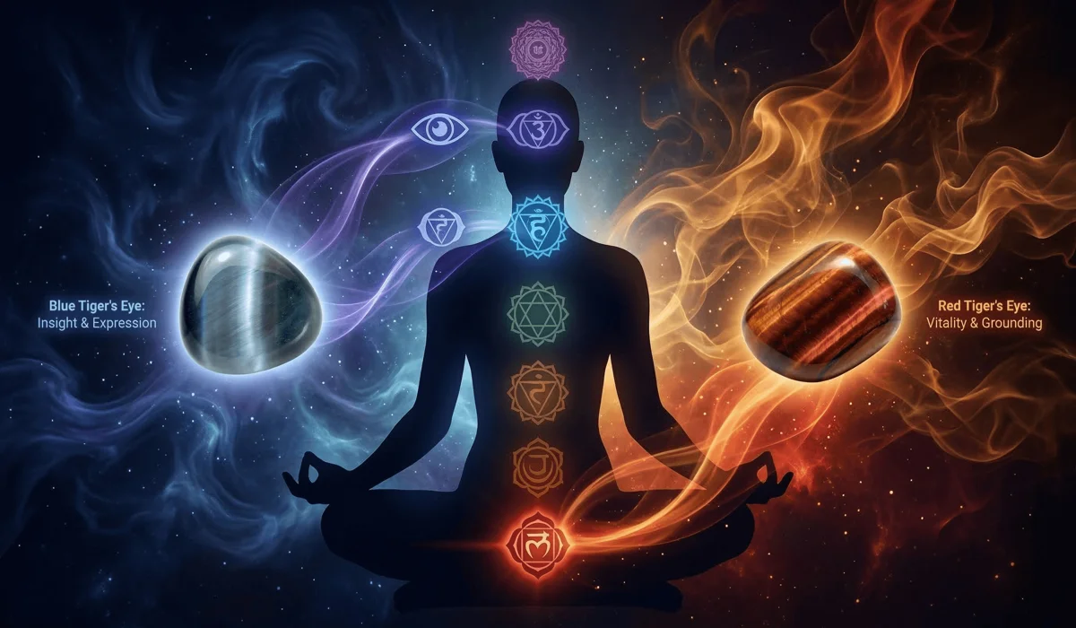 Spiritual illustration of Blue Tiger's Eye for Throat and Third Eye chakras versus Red Tiger's Eye for Root chakra grounding.