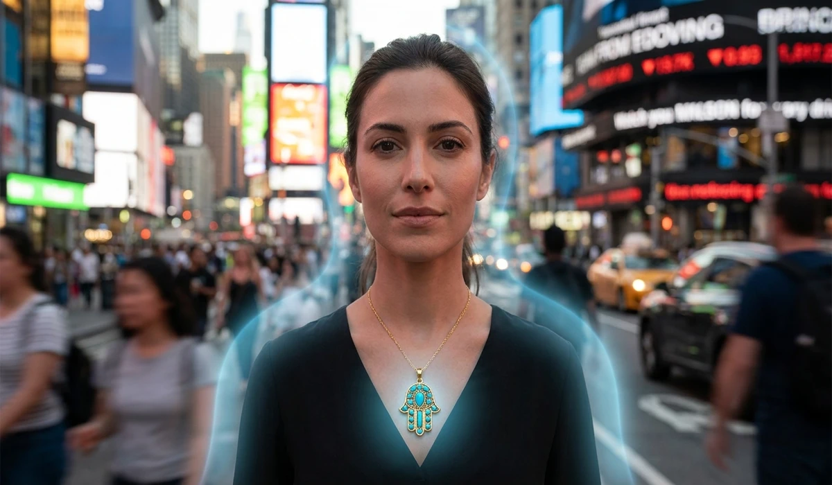 A woman wearing a protective Hamsa Hand necklace as a spiritual anchor against modern stress and digital burnout.