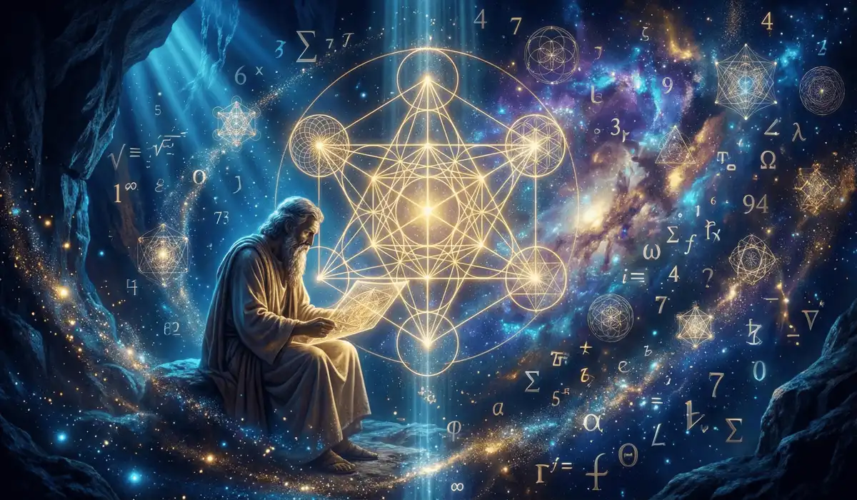 Ancient Greek philosopher exploring sacred geometry and the spiritual origins of number sequences in a cosmic setting.