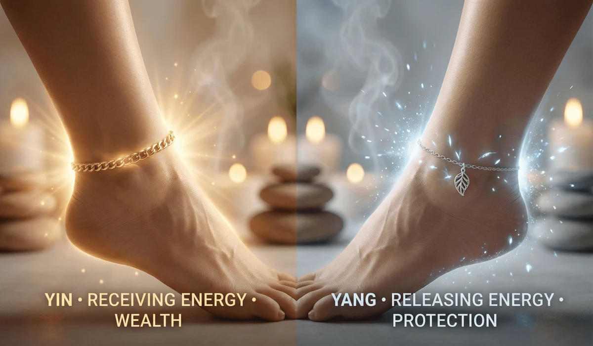 Visual guide showing the difference between wearing a Feng Shui anklet on the left ankle for wealth and protection.