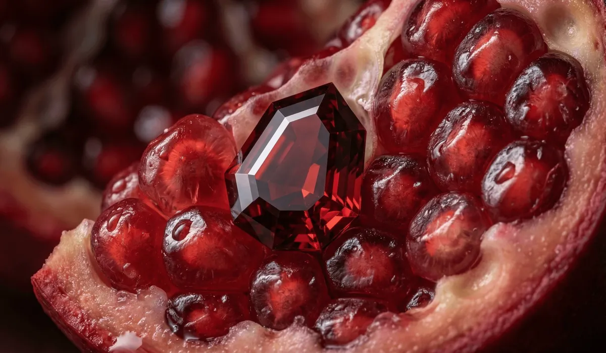 A polished red garnet gemstone sitting inside a sliced pomegranate, illustrating the visual connection between the stone and the fruit seeds.
