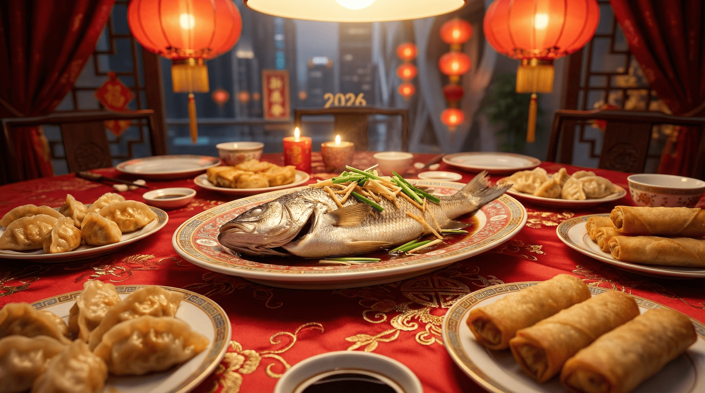 A cinematic high-angle shot of a 2026 Chinese New Year reunion dinner featuring steamed fish and golden dumplings on a red silk tablecloth.