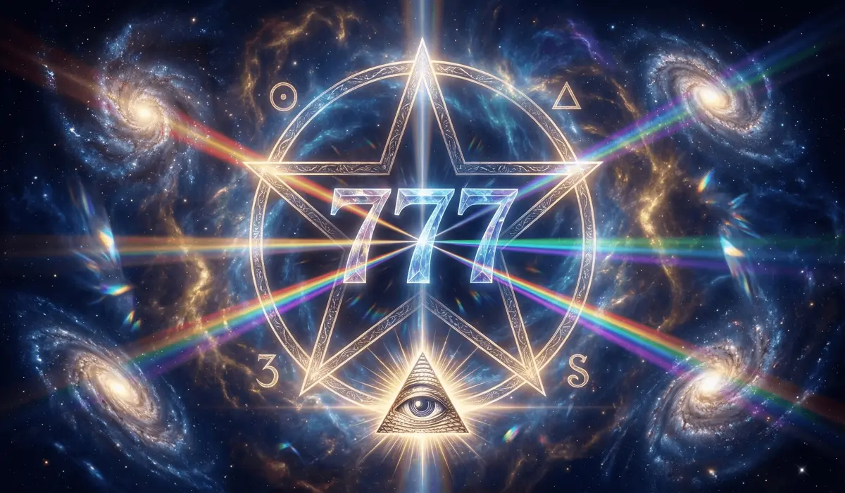 A mystical cosmic representation of the number 777 showing sacred geometry and the seven rays of light symbolizing divine creation.