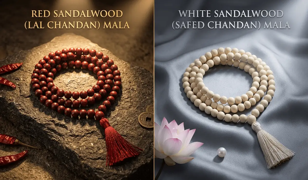 Comparison of red sandalwood and white sandalwood mala beads showing their distinct colors and spiritual energies.