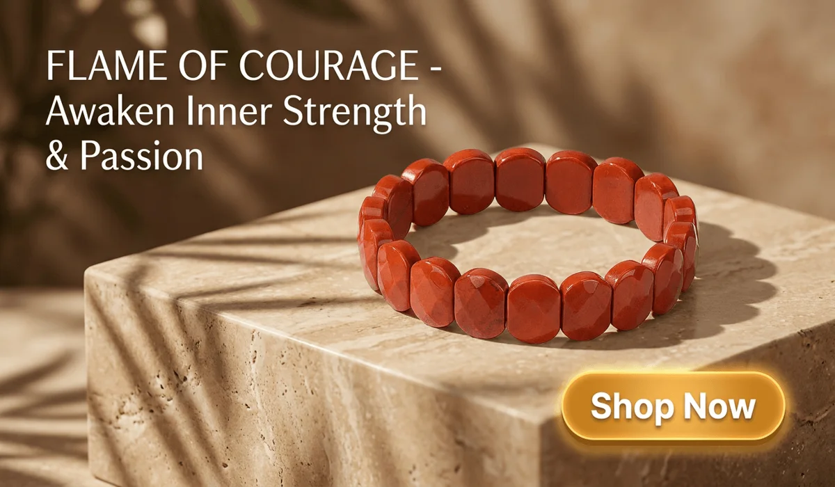 Red Jasper Flat Beaded Bracelet named The Flame of Courage displayed on a luxury travertine surface for a gemstone jewelry blog article
