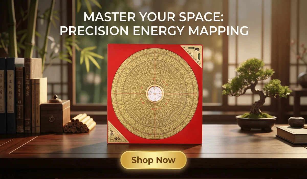 Professional Feng Shui Luo Pan Compass for Energy Mapping on an elegant wooden desk with a Shop Now button for e-commerce blog.