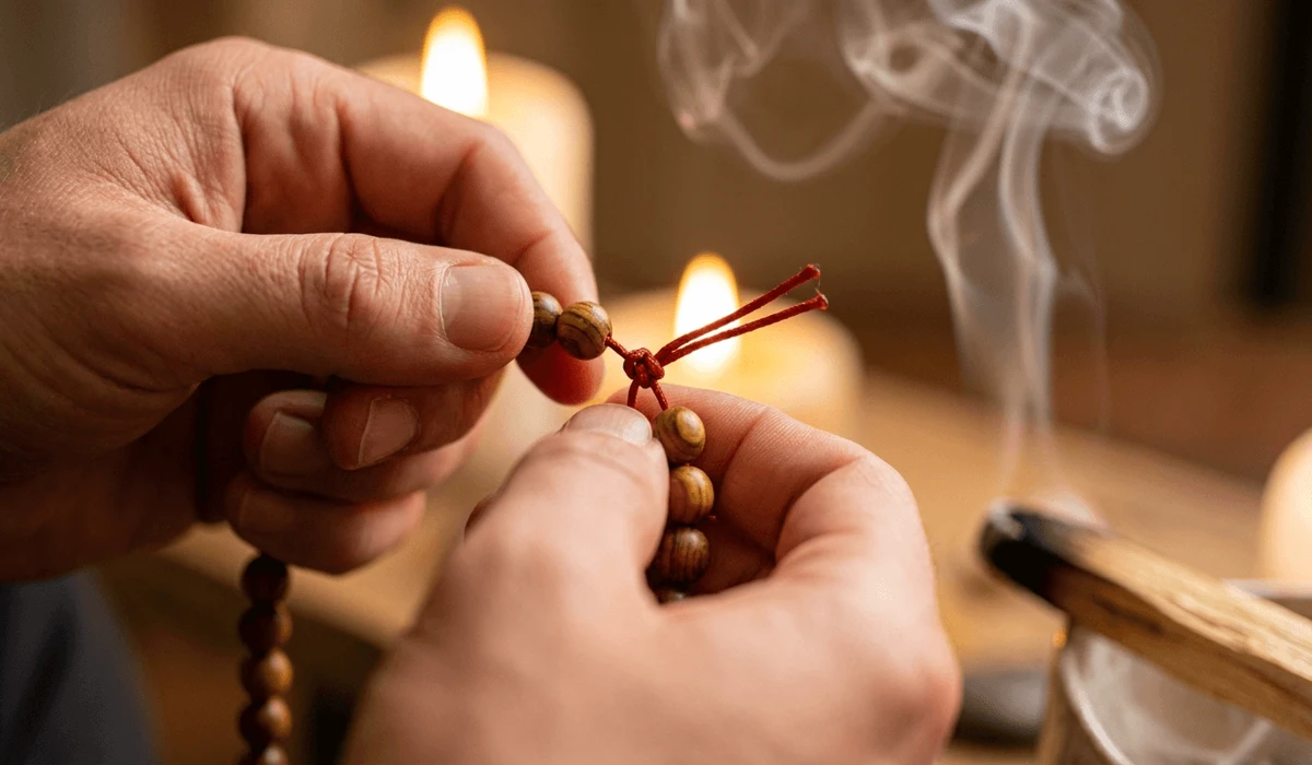 Close-up of hands mindfully knotting cord between wood mala beads during a spiritual DIY ritual.