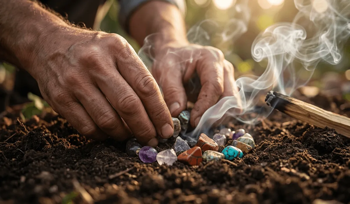男士双手将断裂的水晶珠子埋入土壤并配合圣木熏香进行归还大地的净化仪式