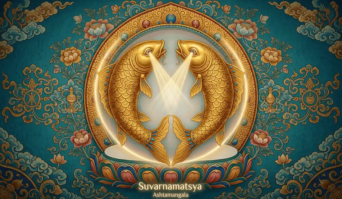 Traditional Tibetan Buddhist iconography of the Two Golden Fish (Suvarnamatsya) representing spiritual liberation and the union of wisdom and compassion.