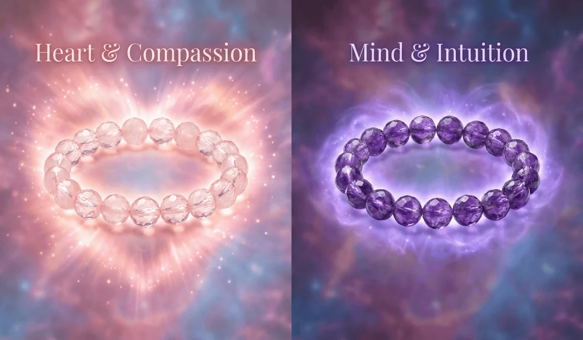Comparison between Rose Quartz and Amethyst spiritual bracelets representing heart-centered and mind-centered energy.