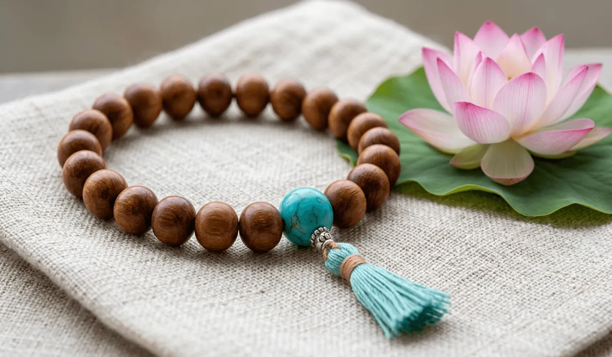 A 21-bead sandalwood wrist mala with a turquoise guru bead and tassel resting on linen, representing traditional mindfulness practice beads.