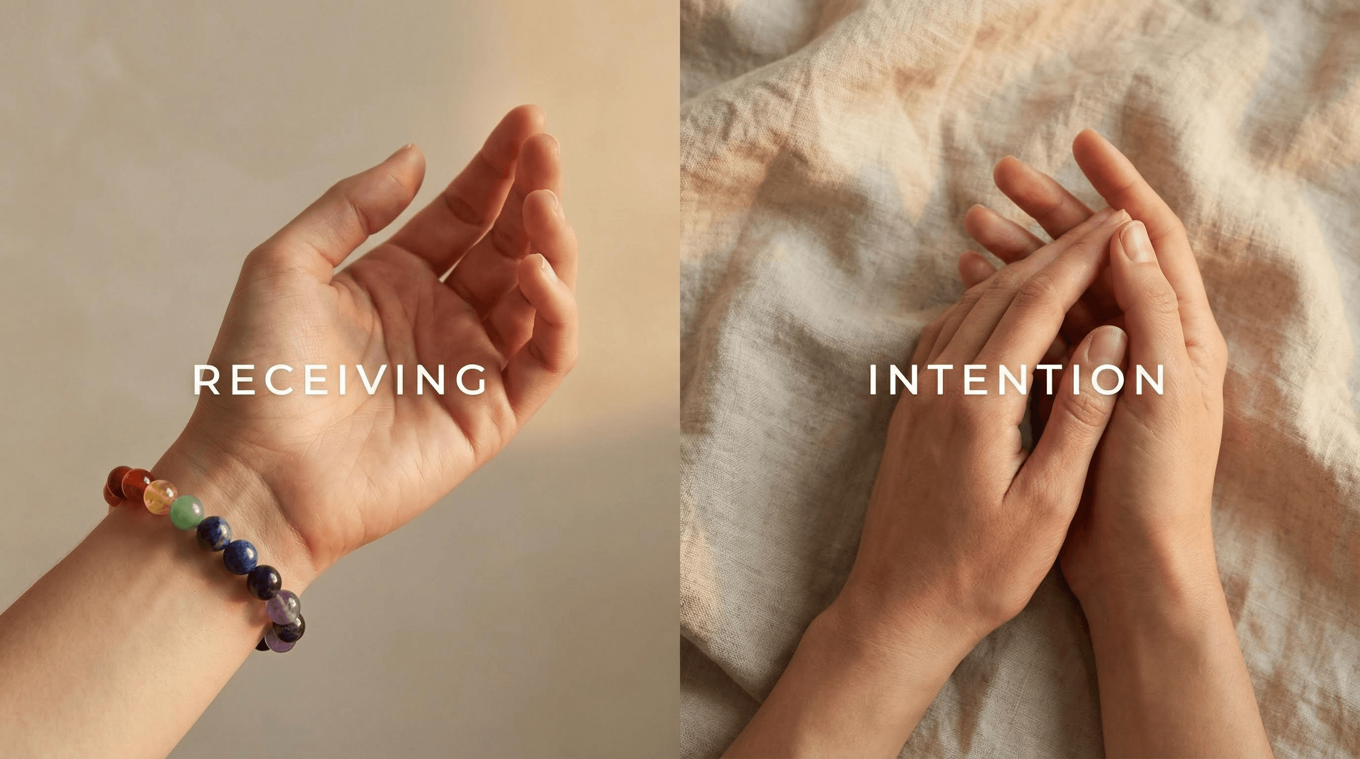 Visualizing how to wear a 7 chakra bracelet on the left hand for receiving healing energy according to Feng Shui logic.