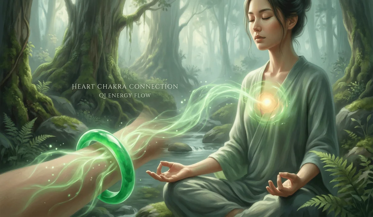 Illustration of a jade bangle's spiritual energy connecting to the Heart Chakra for emotional healing.