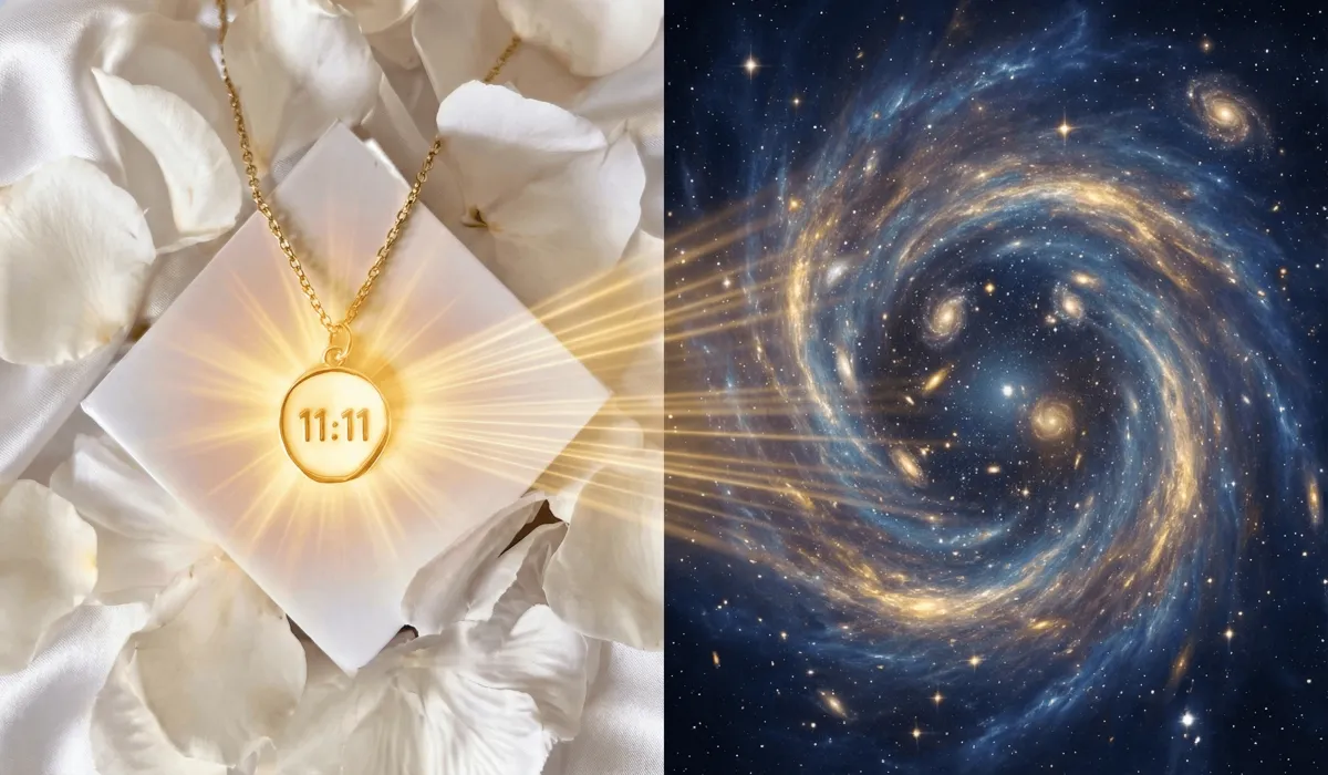 Metaphysical visualization of a gold 11:11 necklace acting as a bridge to a celestial spiritual portal.