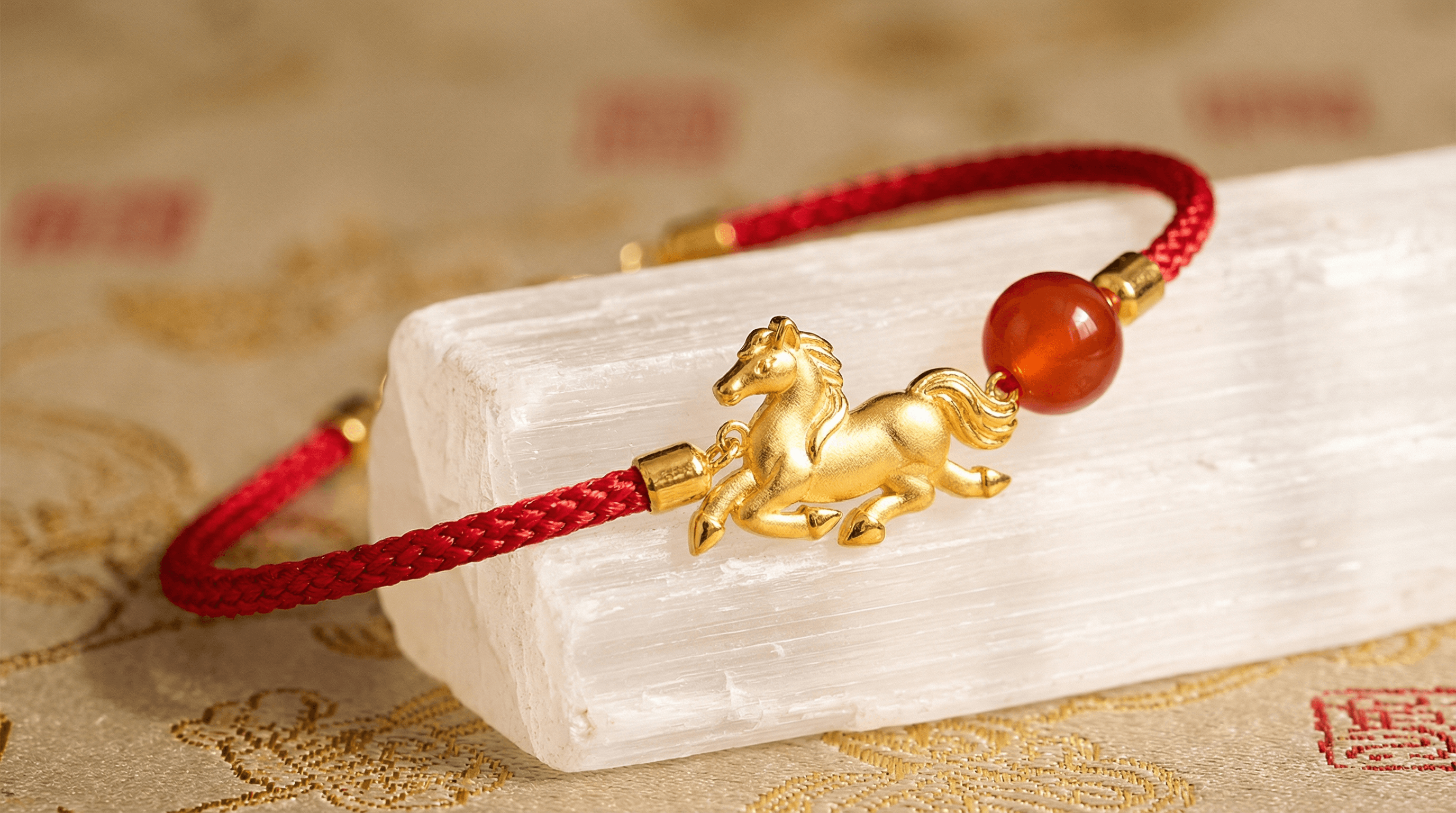 A luxury handcrafted red string bracelet with a gold horse charm and carnelian bead, representing spiritual gifts for the Year of the Horse.