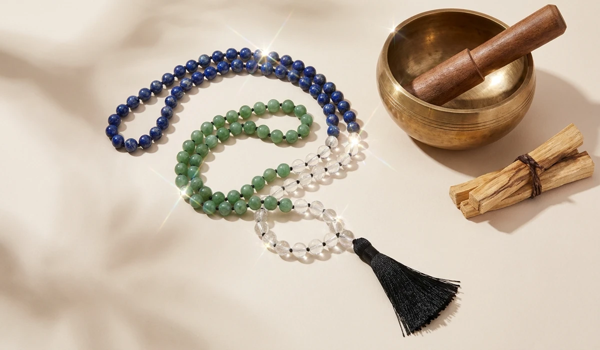 Colorful gemstone prayer beads representing different chakras arranged with meditation accessories.