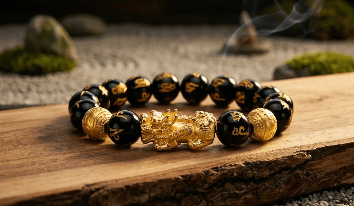 A premium black obsidian Feng Shui bracelet with a golden Pixiu charm, representing spiritual protection and wealth attraction.