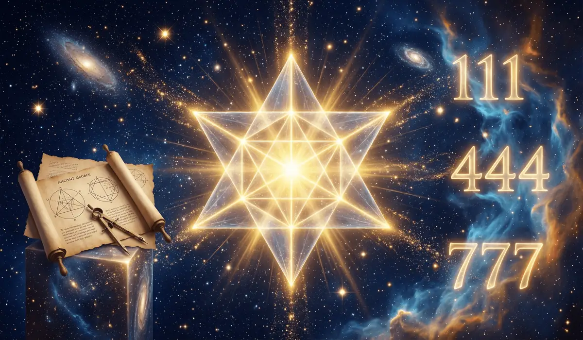 Ancient Pythagorean numerology and sacred geometry symbols merging with glowing angel numbers in a celestial cosmic background.