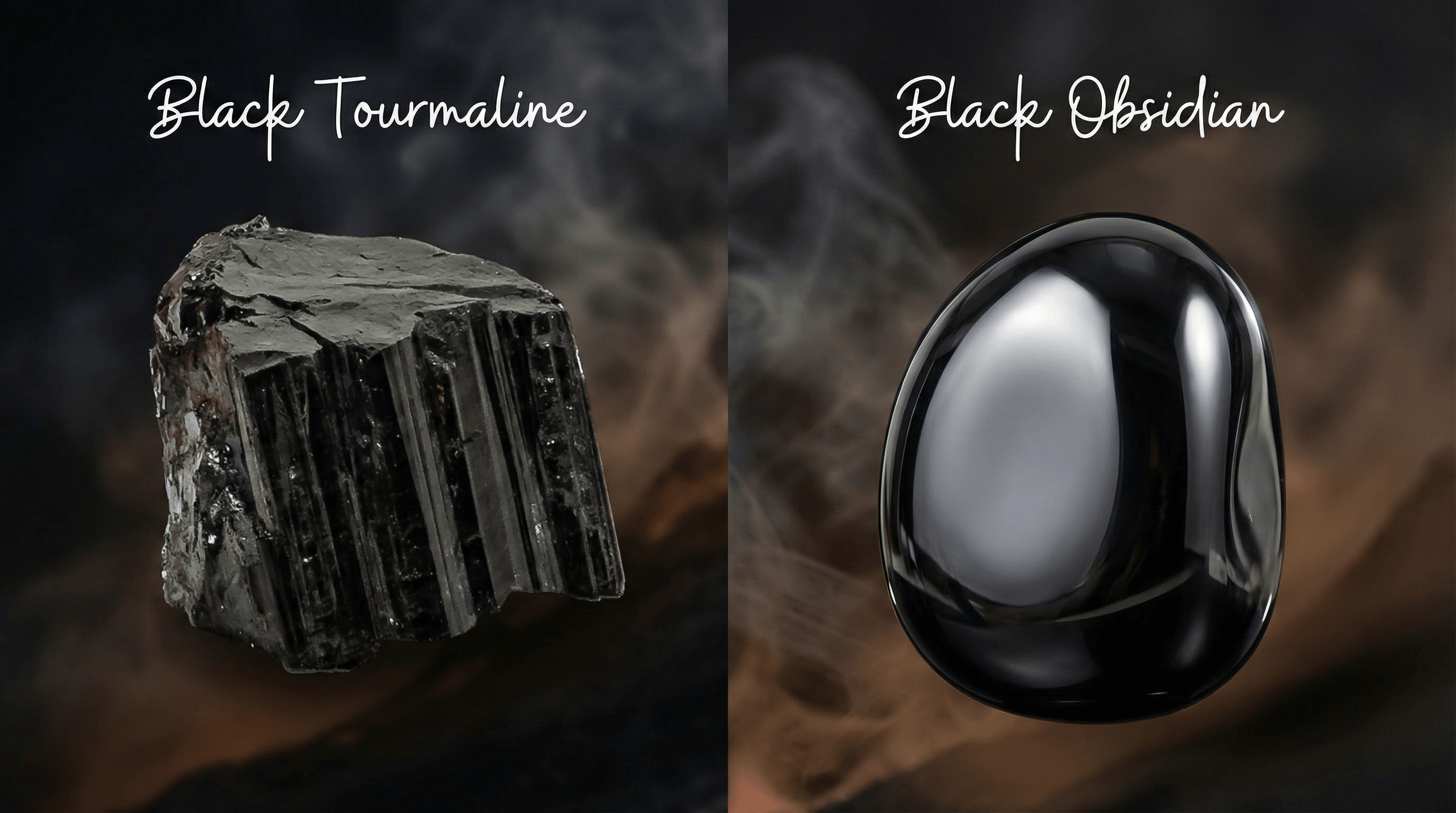 Comparison of raw Black Tourmaline with vertical grooves and polished, reflective Black Obsidian volcanic glass.