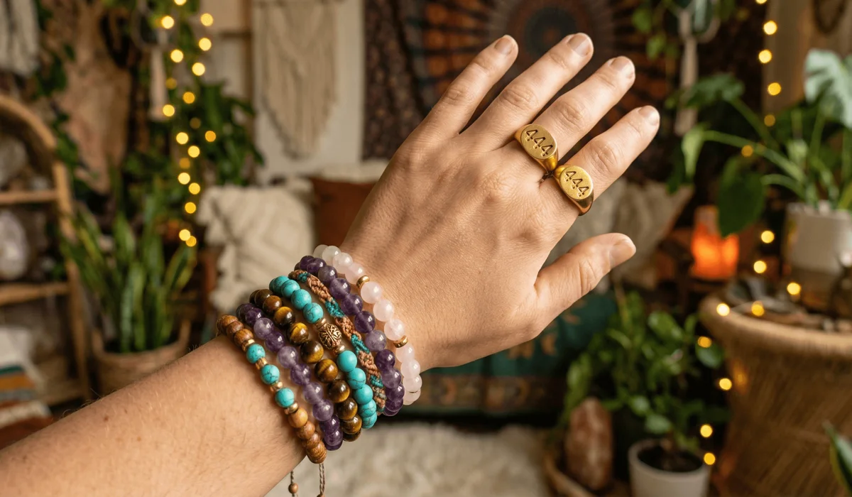 Close-up of a woman wearing angel number jewelry on her left hand for receiving divine energy and intention setting.