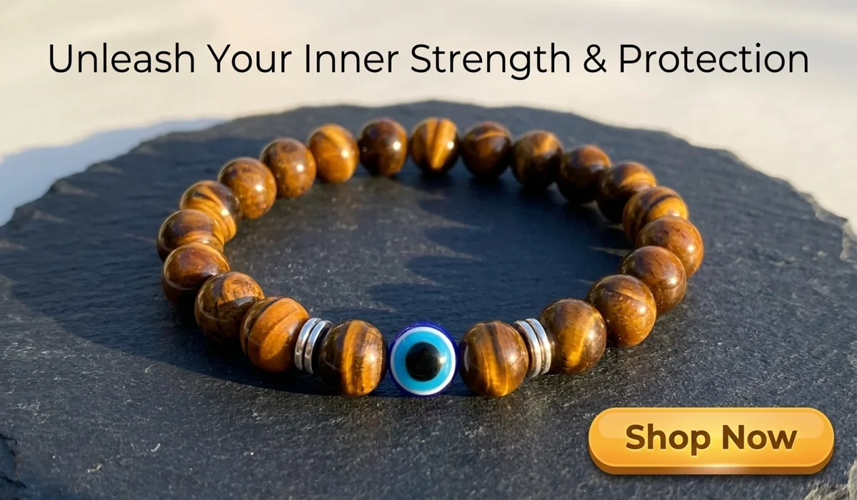 High-end Negativity-Blocking Evil-Eye Tiger's Eye Bracelet for steady luck and protection, professional e-commerce blog illustration with Shop Now button.