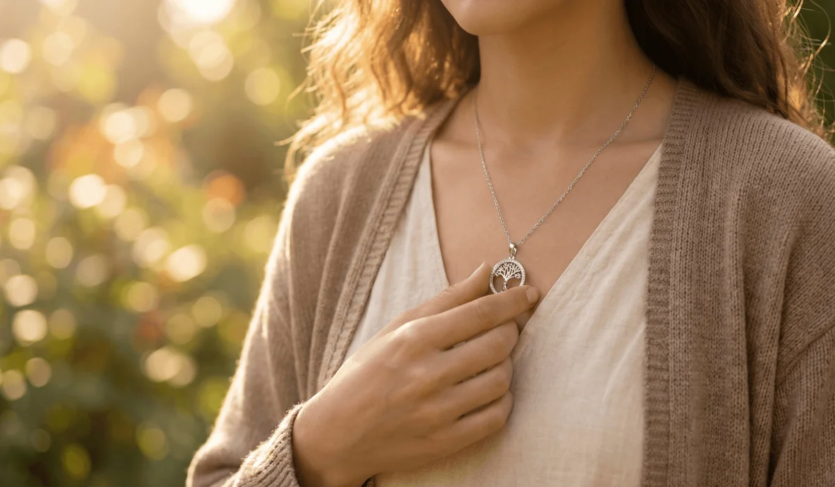 A woman wearing a Tree of Life necklace close to her heart, symbolizing mindfulness, emotional healing, and nurturing energy.