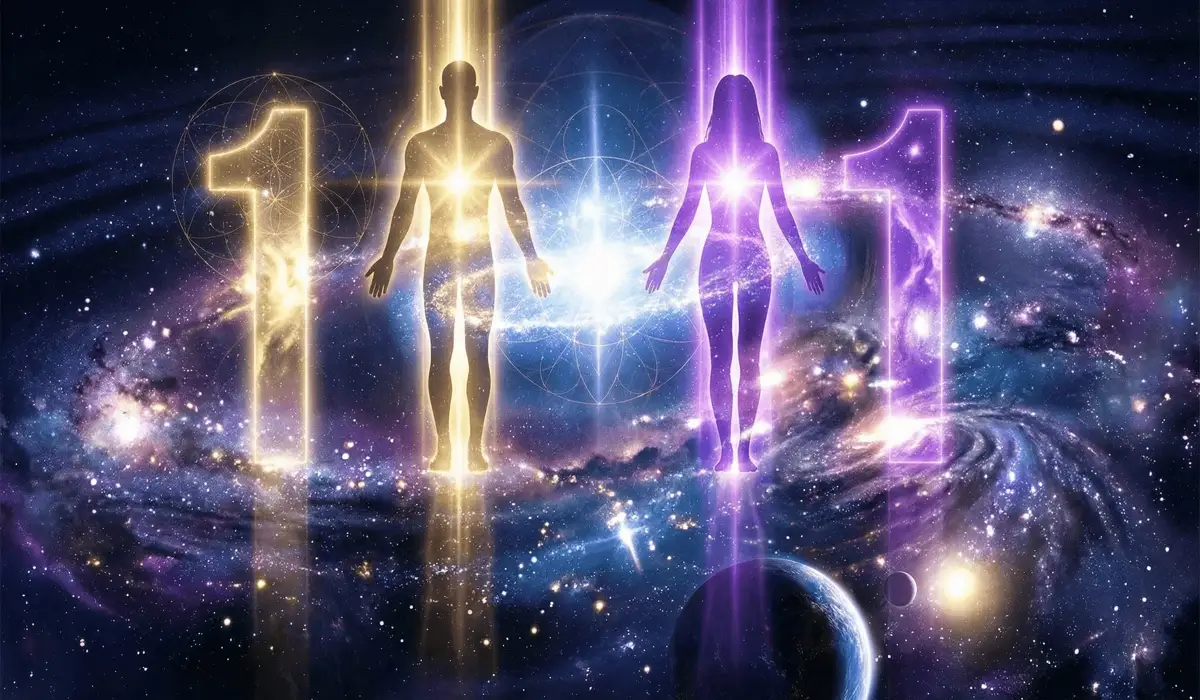 Ethereal 11:11 twin flame manifestation showing two souls aligning as pillars of light in a cosmic setting.