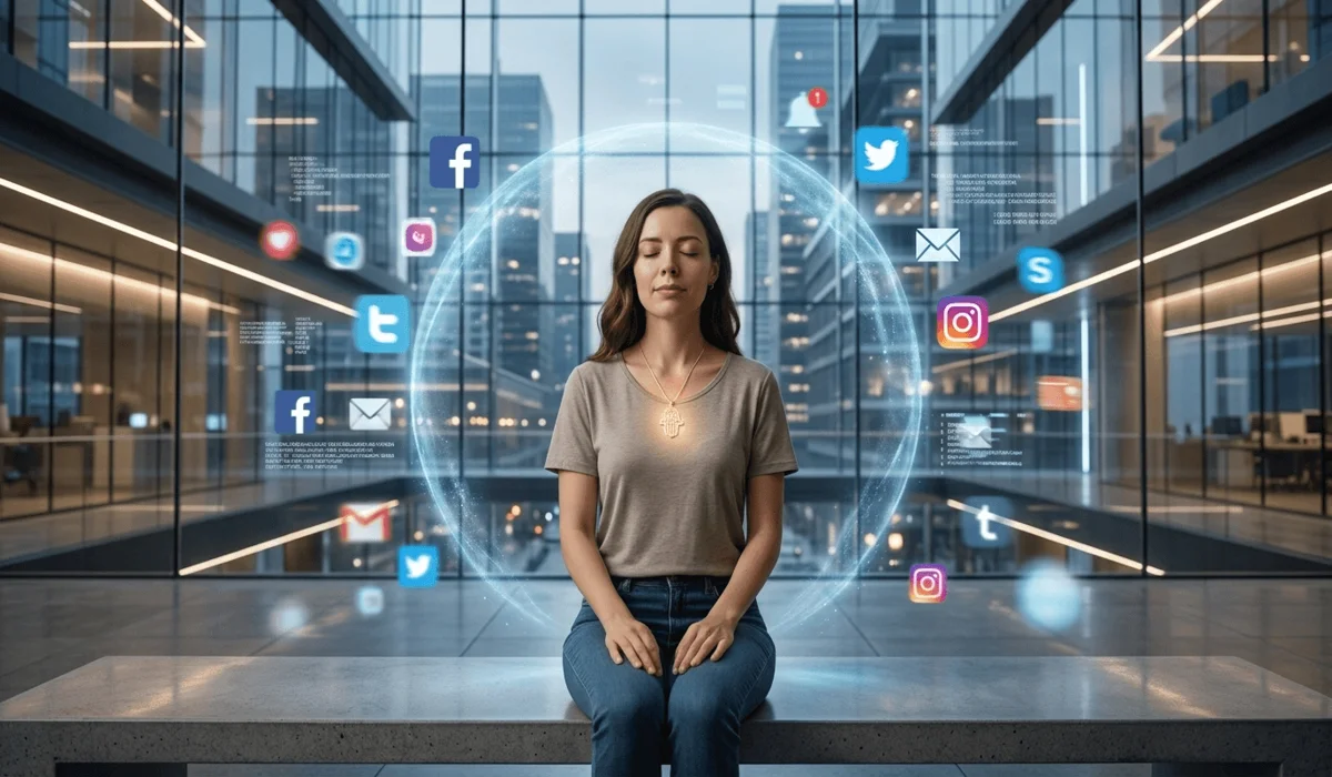 Modern woman wearing a Hamsa necklace as a spiritual shield against digital envy and social anxiety.