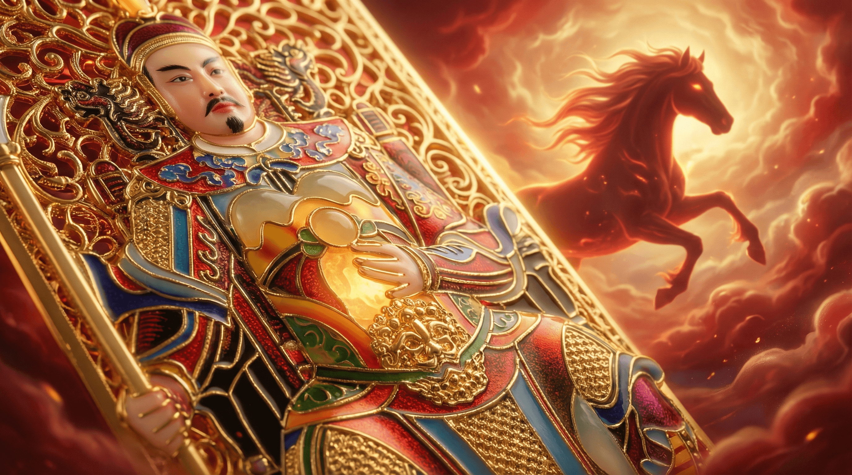 Traditional Chinese Tai Sui amulet glowing with Fire Horse 2026 celestial energy for spiritual protection.