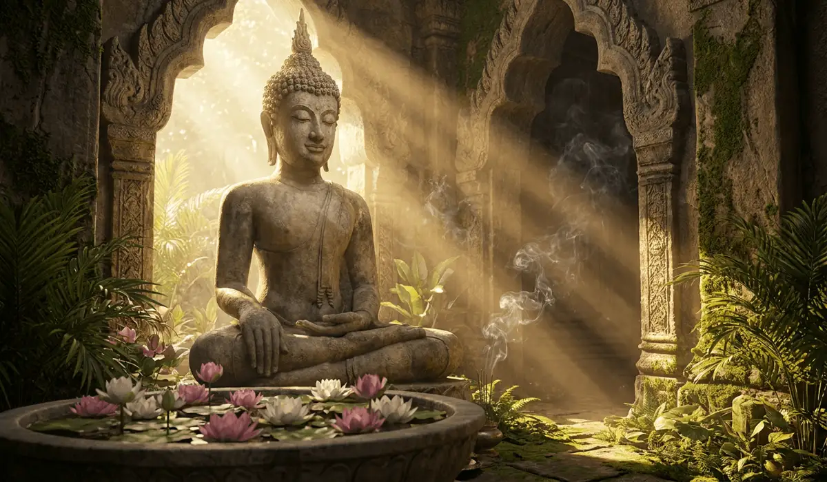 An intact ancient stone Buddha statue sitting in a peaceful temple sanctuary, illustrating traditional sacred Buddhist iconography.