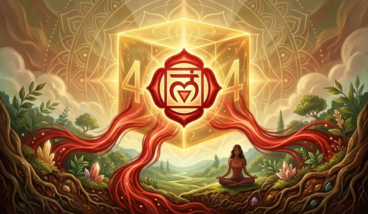 Spiritual illustration of the 444 meaning, showing the Root Chakra and a geometric cube representing stability and grounding energy.